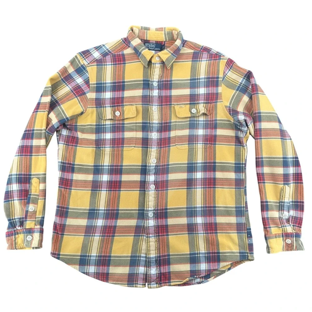 Ralph Lauren Mens XL Plaid Flannel Double Pocket Heavy weight Button Down Shirt